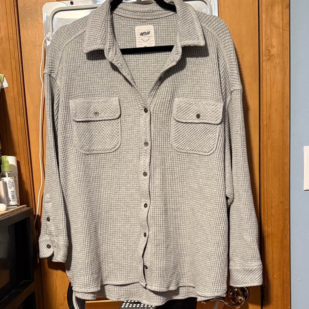 Aerie Textured Thermal Button Front Shirt in Light Gray